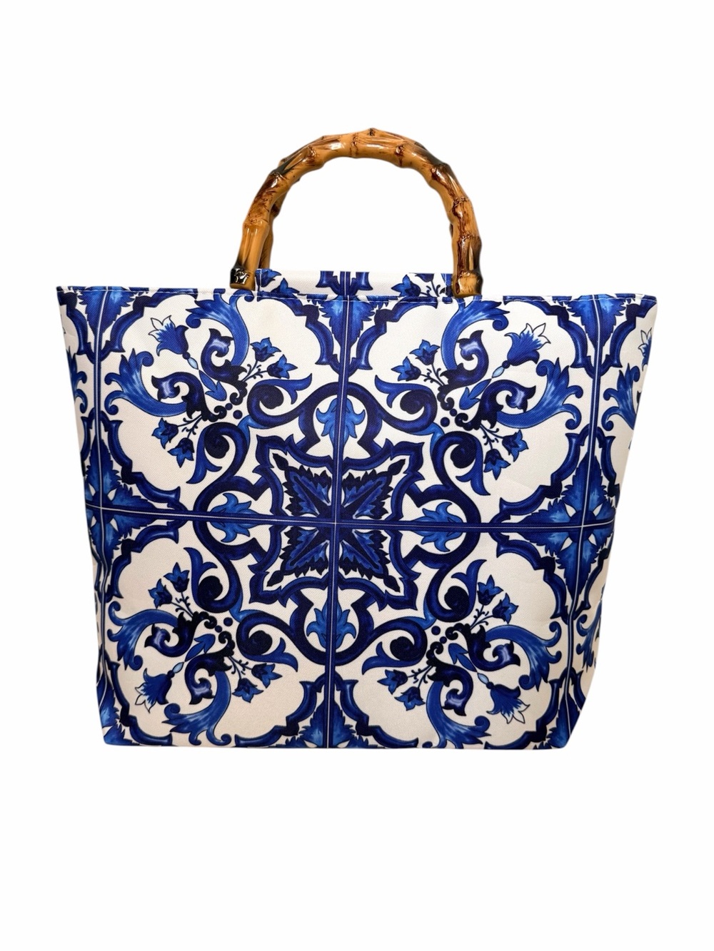 VINTAGE TUSCAN PRINT & BAMBOO STRAP TOTE.